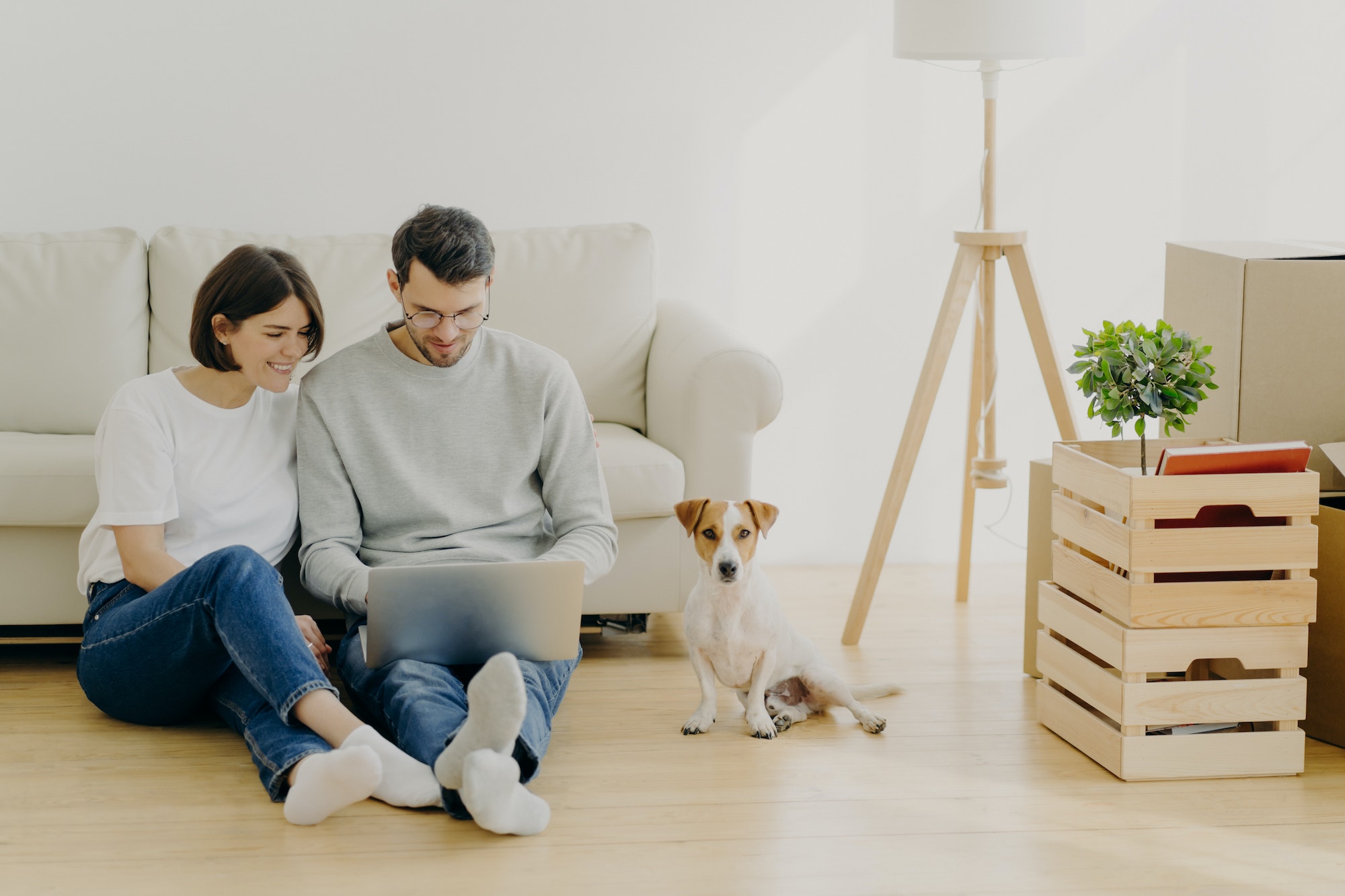 Young European family couple relax during home renovation, focused in laptop computer